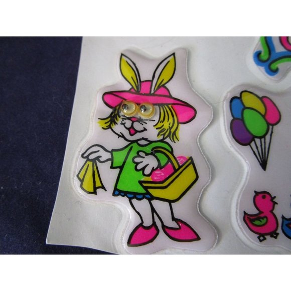 Neon Easter Puffy Stickers Google Eyes Vintage Single Open Sheet GUC - Picture 10 of 16